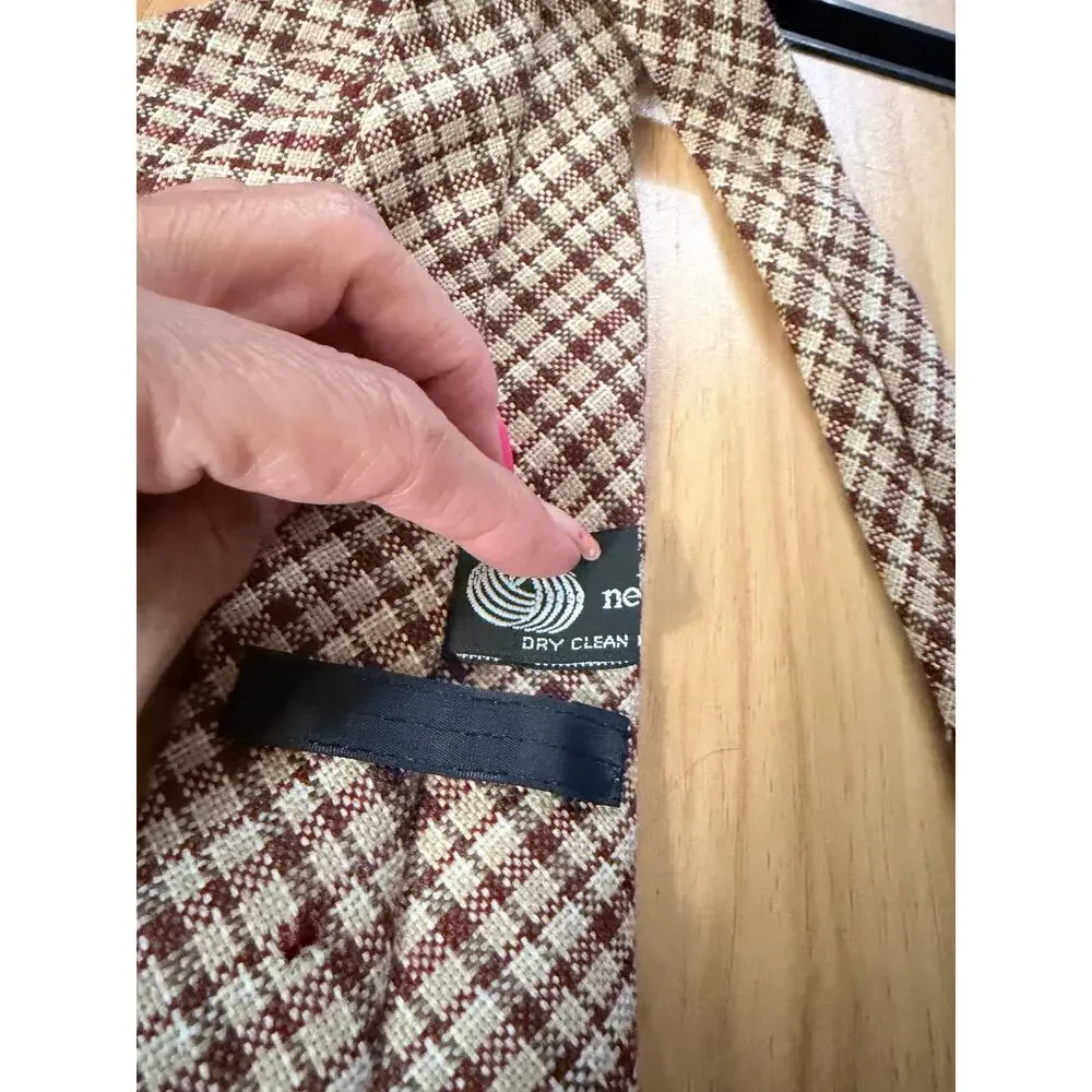 Pure New Wool Necktie Brown Cream Glen Plaid Check Woolmark Mens Tie